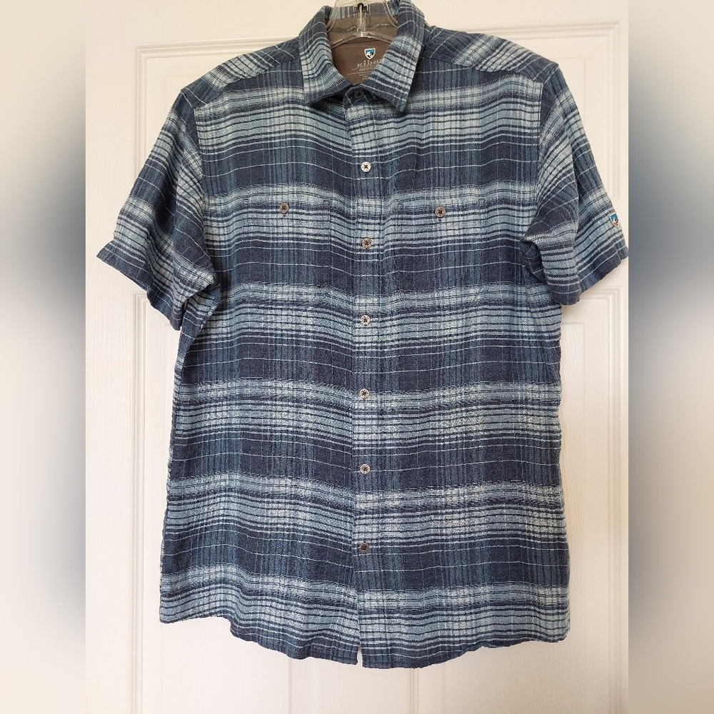 Kuhl Born In The Mountains Men's Medium Short Sleeve Button Up Shirt Blue Plaid